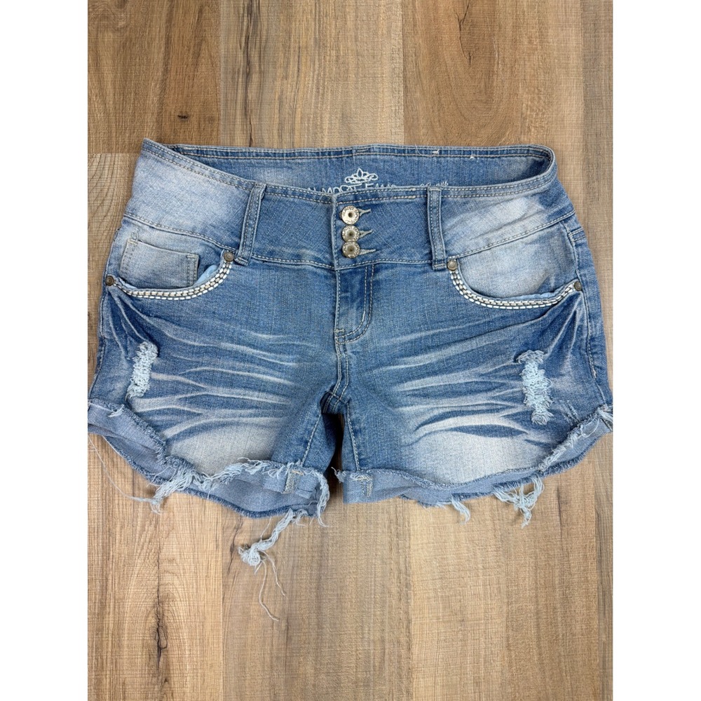 Almost Famous Distressed Rhinestone Denim Shorts Light Wash Y2K Size 11